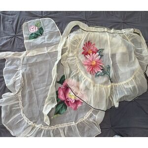 Lot Of 2 Vintage Light Yellow Organza Hostess Aprons